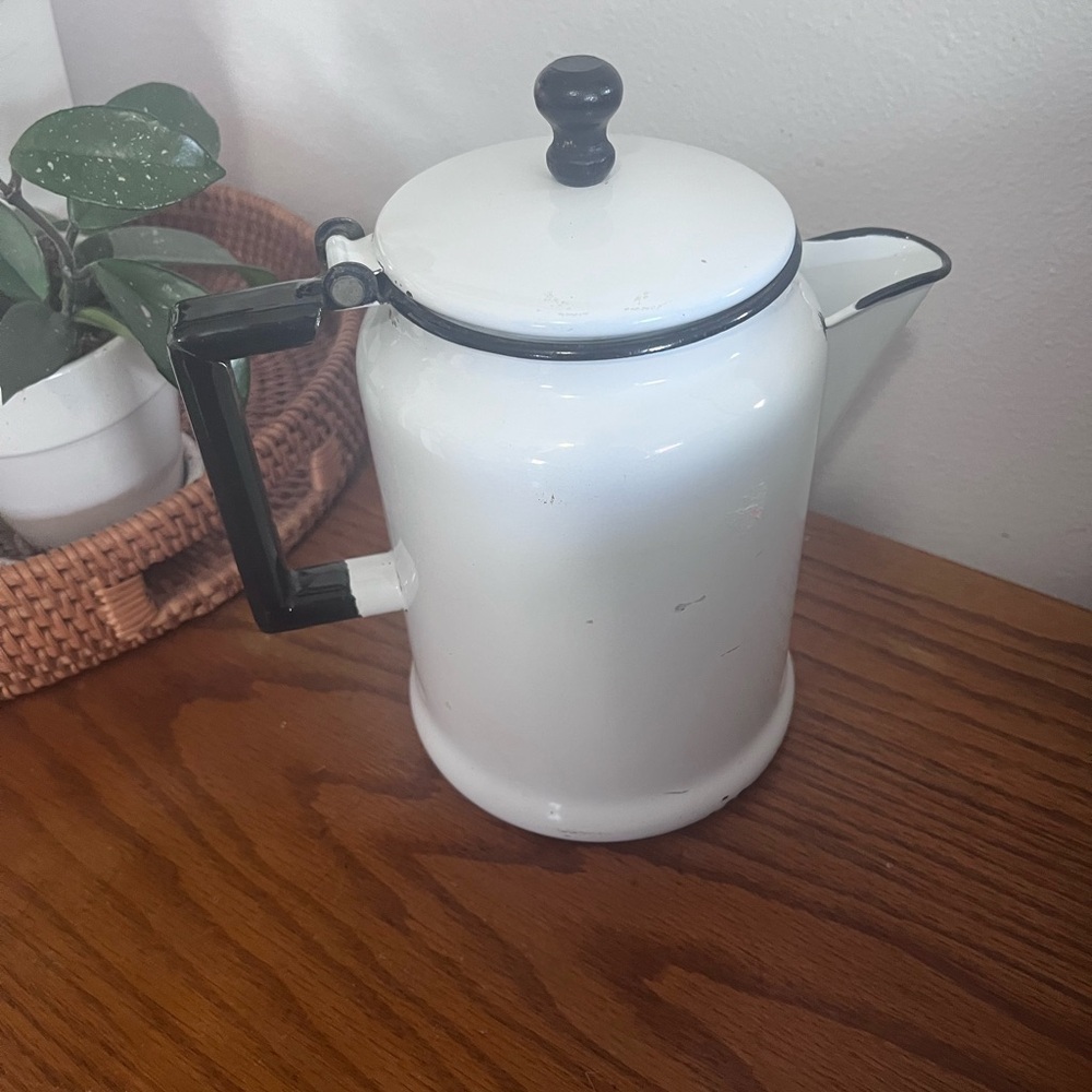Vintage White Enamel Coffee Pot with Black Handle and Trim